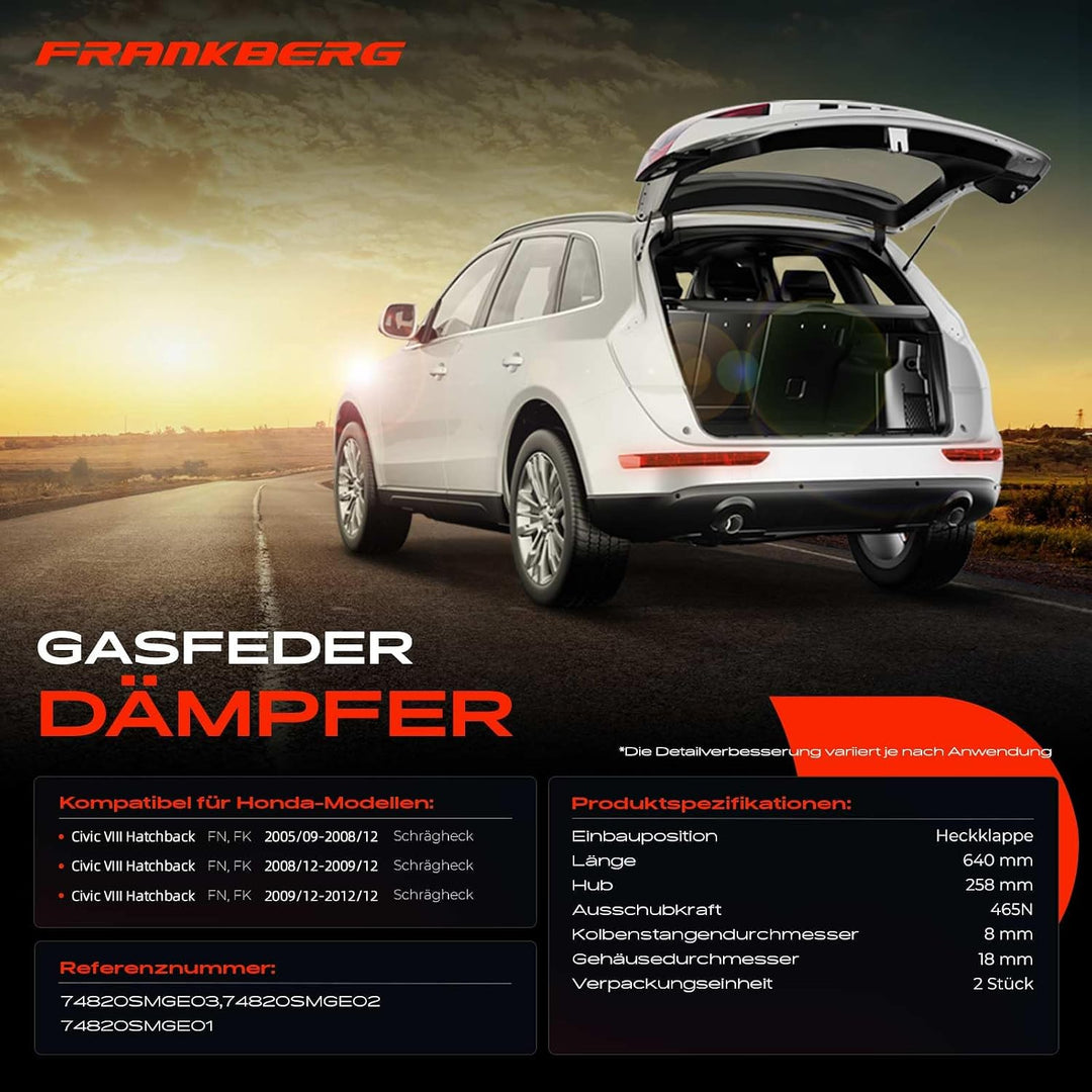 Frankberg 2x Gasfeder Dämpfer Heckklappe 74820SMGE02 | Kompatibel mit Civic VIII Hatchback Schräghec