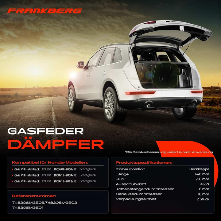 Frankberg 2x Gasfeder Dämpfer Heckklappe 74820SMGE02 | Kompatibel mit Civic VIII Hatchback Schräghec