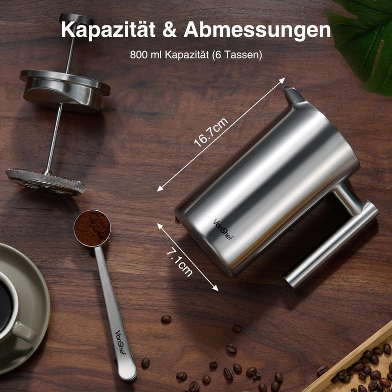 VonShef Edelstahl French Press für 6 Tassen, 800 ml – Doppelwandiger Kaffeebereiter mit Messlöffel/B