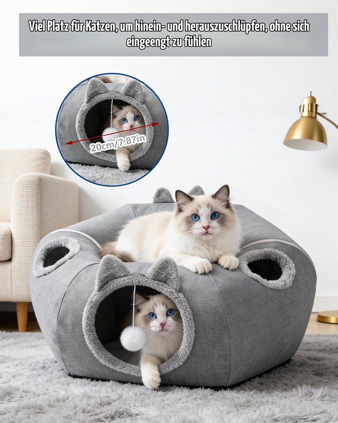 Katzentunnel aus Leinen für den Sommer, XXL Katzentunnel Grosse Katzen mit Schlafplatz &amp; Bed Weiches