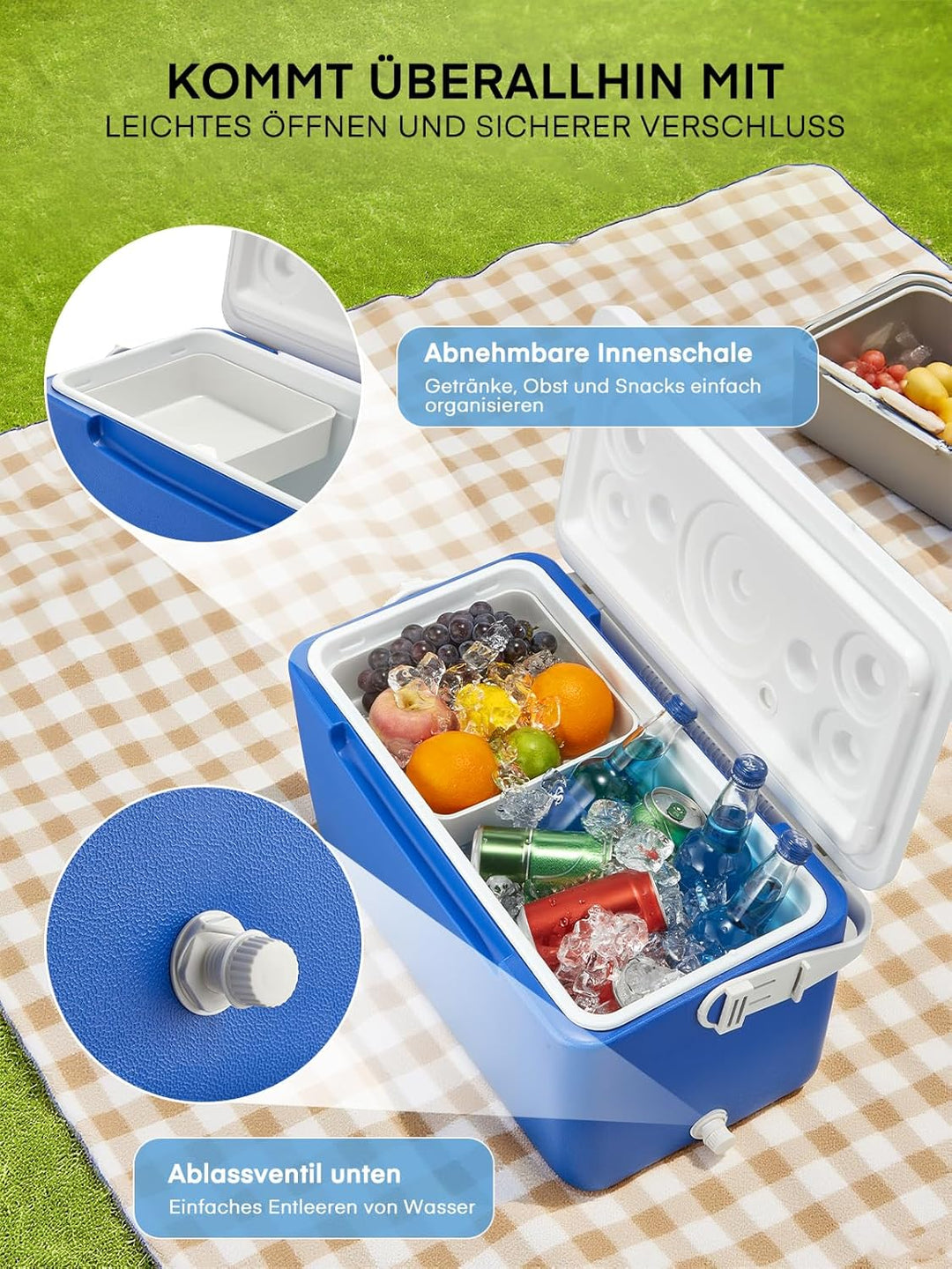 Kühlbox 26L ohne Strom mit Schale & Ablassventil, tragbare isolierte Thermobox mit Griff, hochwertig