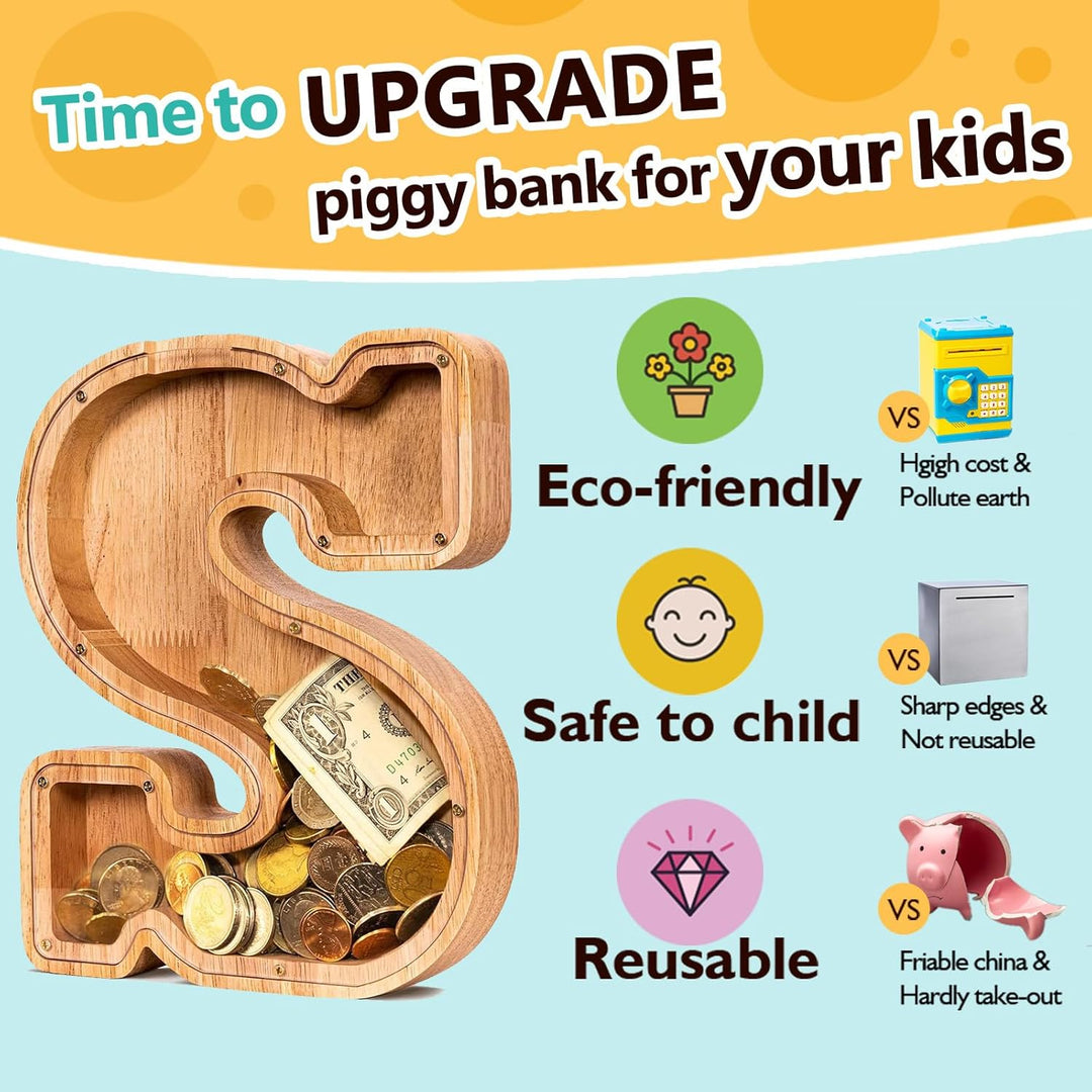 Summidate Personalisierbares grosses unzerbrechliches Sparschwein aus Holz, Spardose für Kinder, Kle