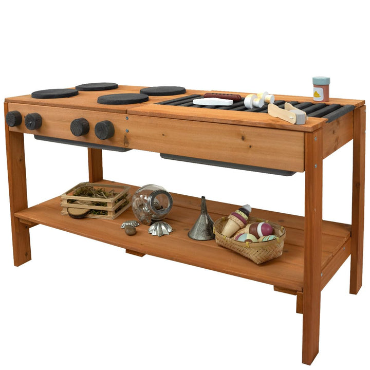 Meppi Matschküche Grill anthrazit/Teak aus Holz - Outdoorküche für Kinder