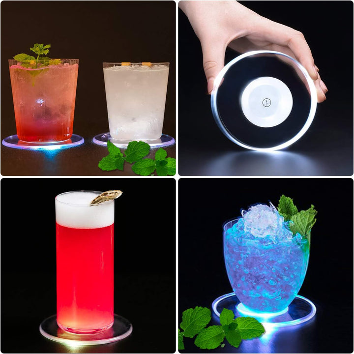 4er-Set Kühle Weiss LED Untersetzer für Getränke, ON/Off Wasserdicht Rund Untersetzer Acryl für Gläs