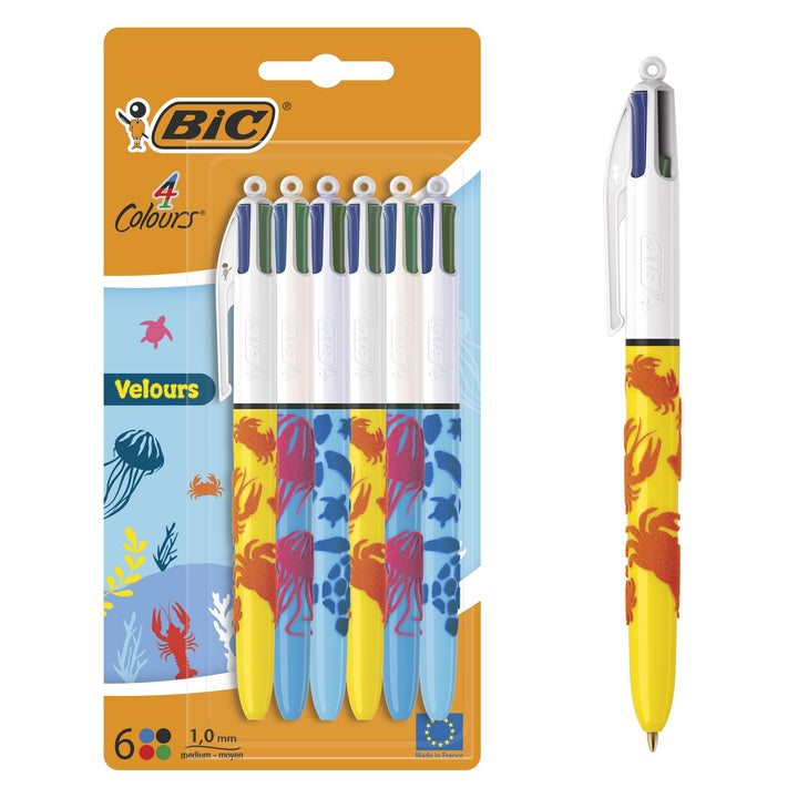 BIC 4 Farben Kugelschreiber Set 4 Colours Velours, in Meeresmotiven, 6er Pack, Ideal für das Büro, d