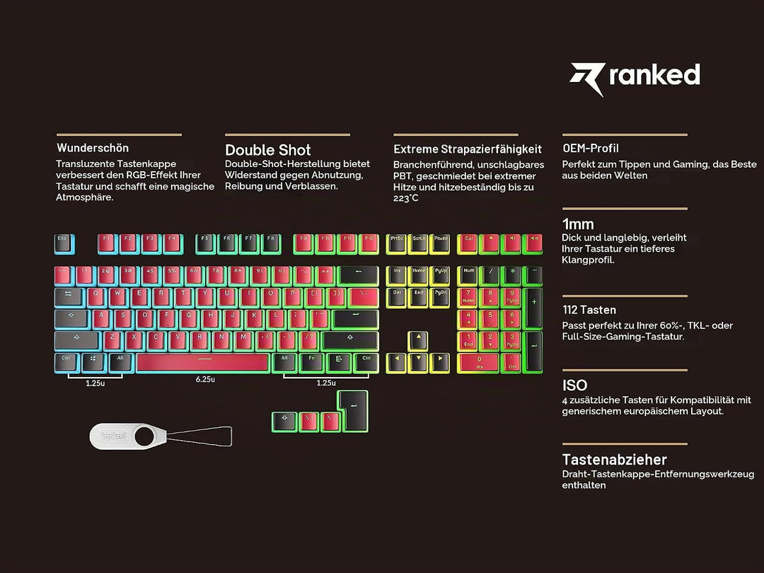Ranked Pudding PBT-Tastenkappen | 112 Double Shot Transluzent ANSI US- und ISO-Layout | OEM-Profil f