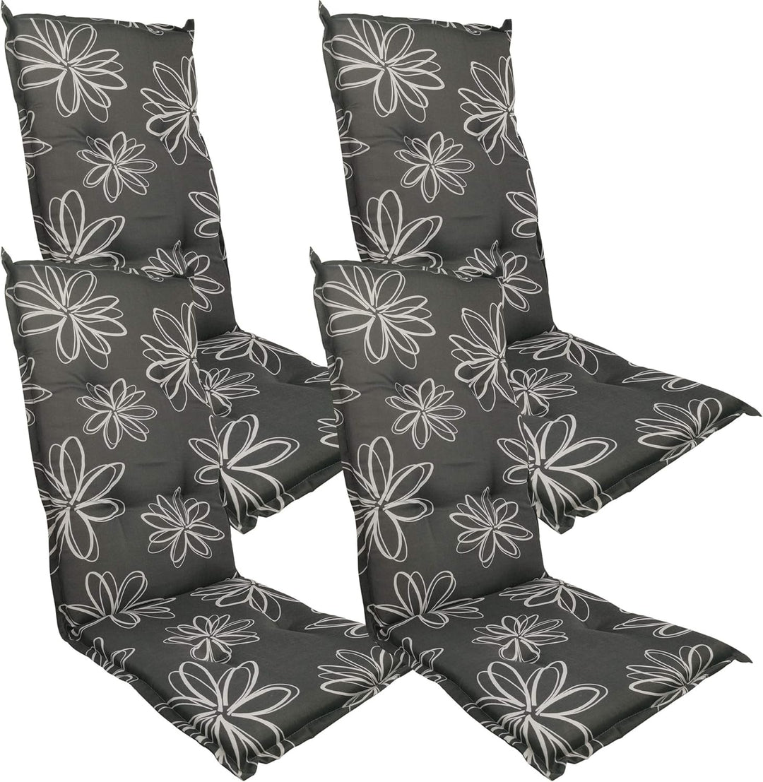 DILUMA Hochlehner Auflage Naxos für Gartenstühle 4er Set 118x49 cm Blume Schwarz - 6 cm Starke Premi
