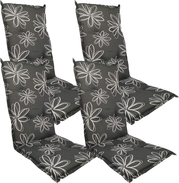 DILUMA Hochlehner Auflage Naxos für Gartenstühle 4er Set 118x49 cm Blume Schwarz - 6 cm Starke Premi
