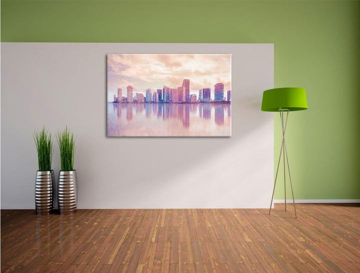 Pixxprint Miami Florida Skyline / 100x70cm Leinwandbild bespannt auf Holzrahmen/Wandbild Kunstdruck