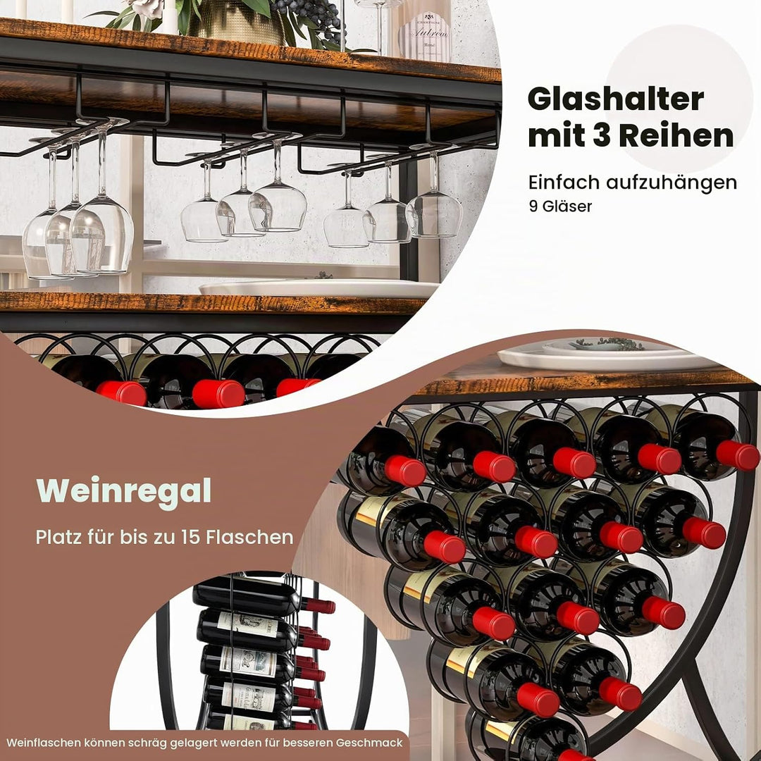 KOMFOTTEU Weinregal mit Rollen, Weinwagen mit 2 Ablagen, Flaschenregal für Flaschen &amp; Glas, Barwagen
