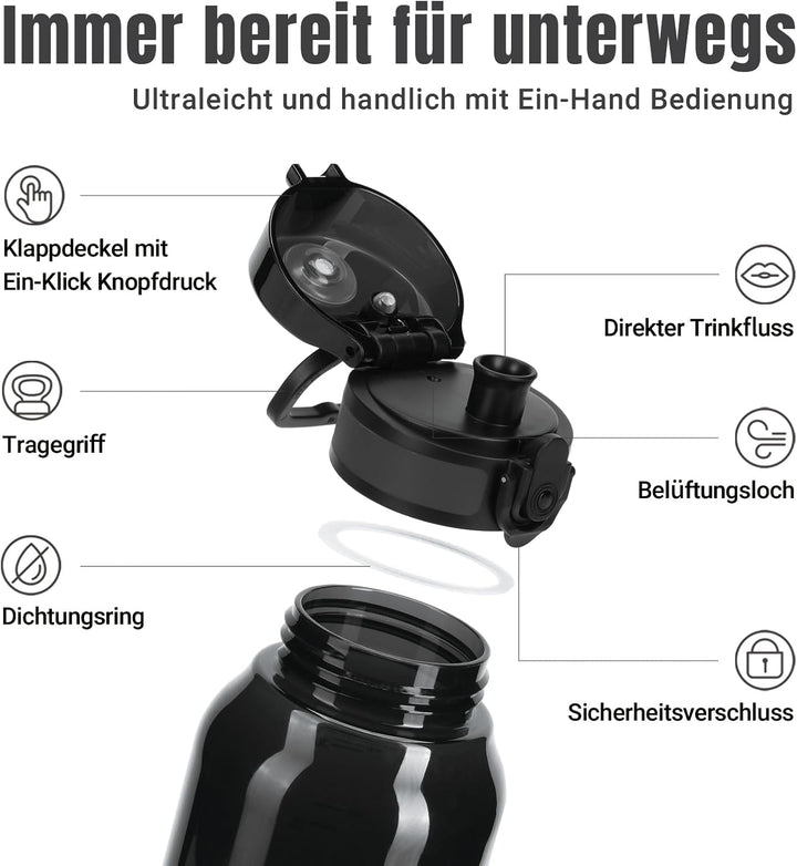 UZSPACE Trinkflasche Sport 1L, Tritan Bpa-Frei Trinkflasche Auslaufsicher mit Einhandbedienung, Kohl
