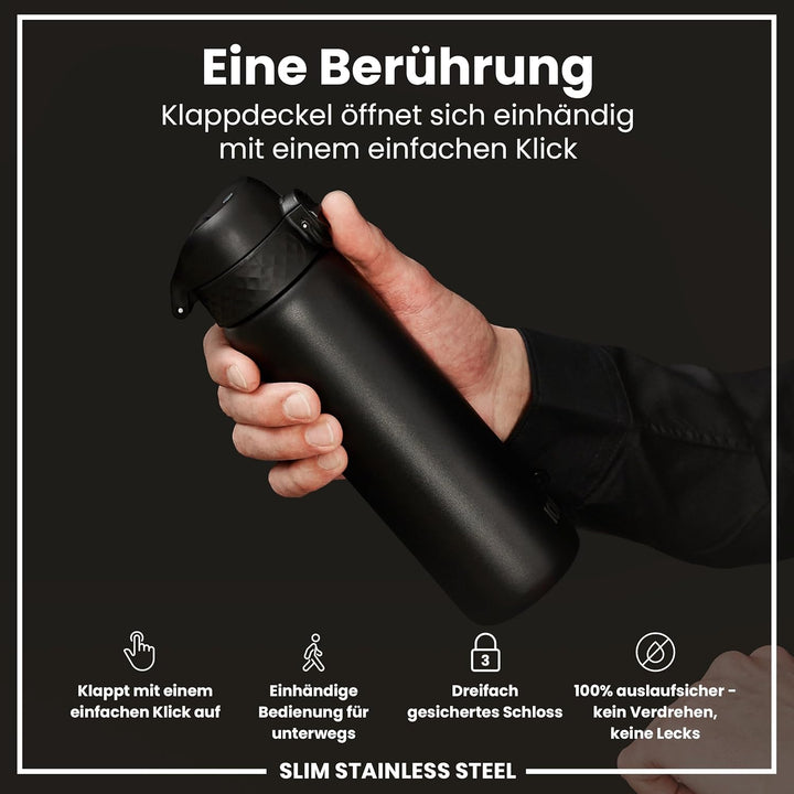 Ion8 Stahl-Trinkflasche, 600 ml, Auslaufsicher, Einhandöffnung, Sichere Verriegelung, Spülmaschinenf