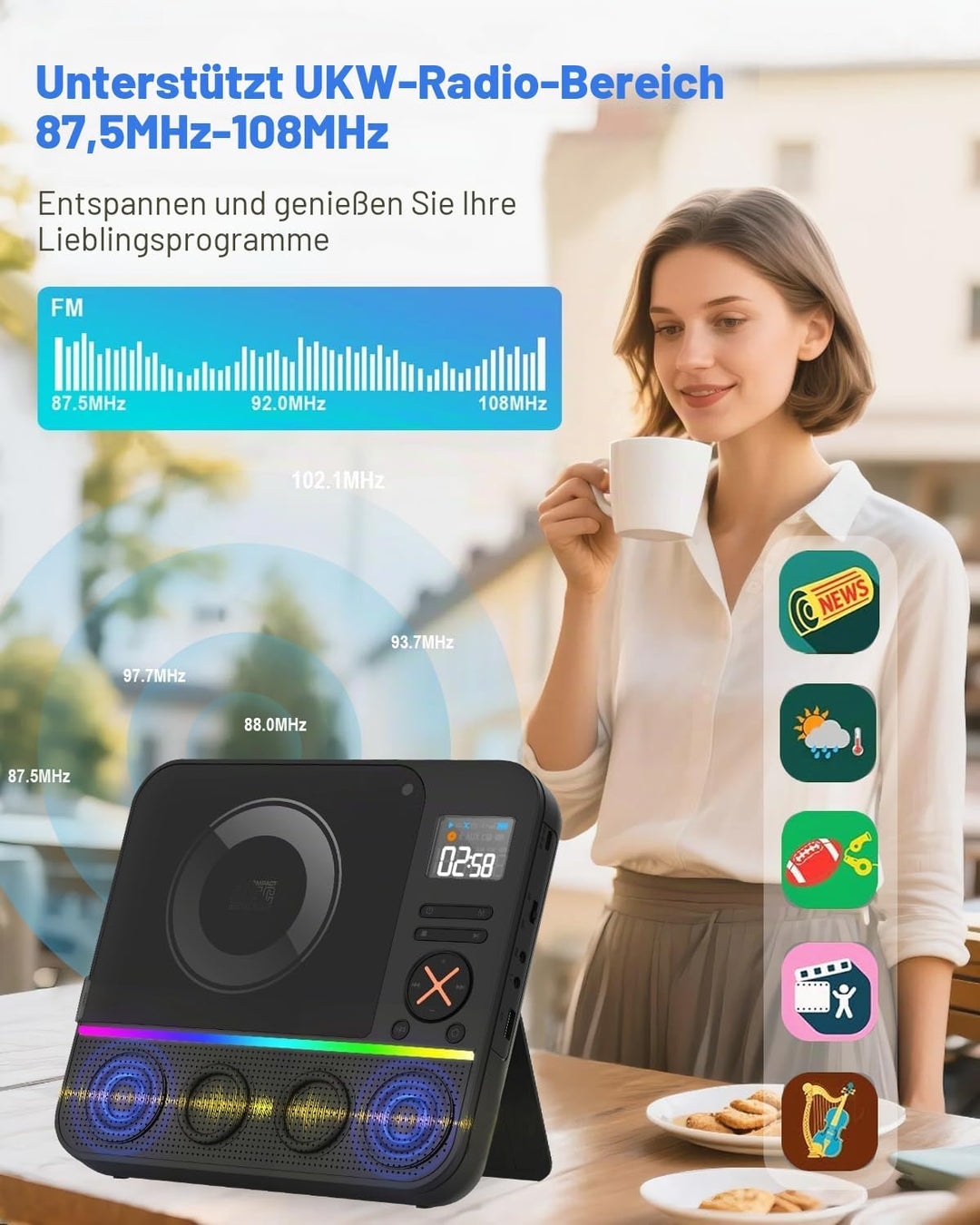 Tragbarer CD Player Bluetooth, Boombox Desktop CD-Player mit Bluetooth FM-Radio und RGB LED-Anzeige