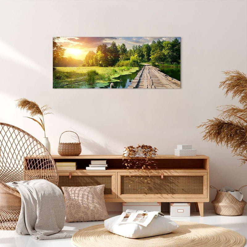 Bilder auf Leinwand 100x40cm Leinwandbild Architektur Promenade Schwan Landschaft Gross Wanddeko Bil