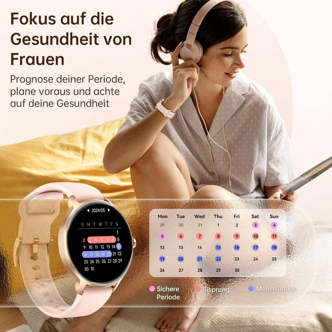 Smartwatch Damen Rund, 1.27" AMOLED Smart Watch mit Telefonfunktion, Fitnessuhr mit Pulsuhr SpO2 Sch