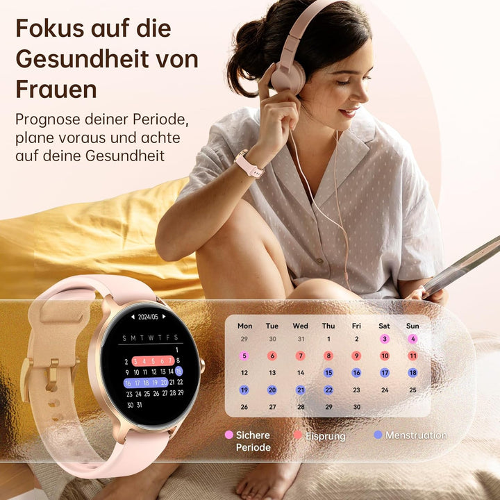 Smartwatch Damen Rund, 1.27" AMOLED Smart Watch mit Telefonfunktion, Fitnessuhr mit Pulsuhr SpO2 Sch