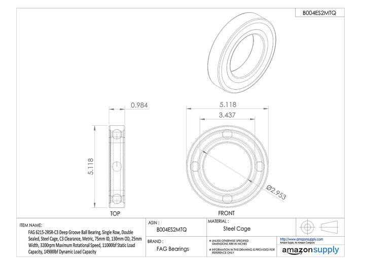 FAG 6215-2RSR-C3 Rillenkugellager einreihig Bohrungs-Ø 75mm Aussen-Durchmesser 130mm Drehzahl (max.