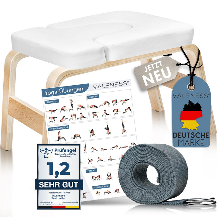 VALENESS® Yoga Kopfstandhocker - Hochwertiger Yoga Hocker inkl. Yogagurt, Yogablock & Übungsposter -
