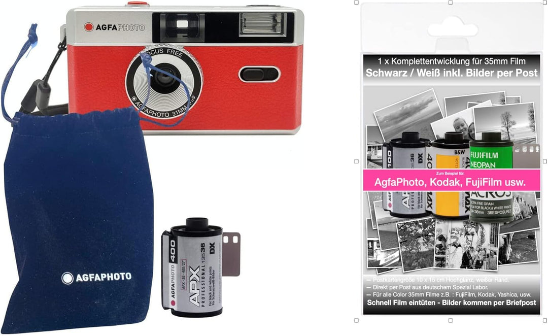 AgfaPhoto analoge 35mm Kleinbildfilm Foto Kamera rot + Schwarz/Weiss Bilder Film + Batterie +KOMPLET