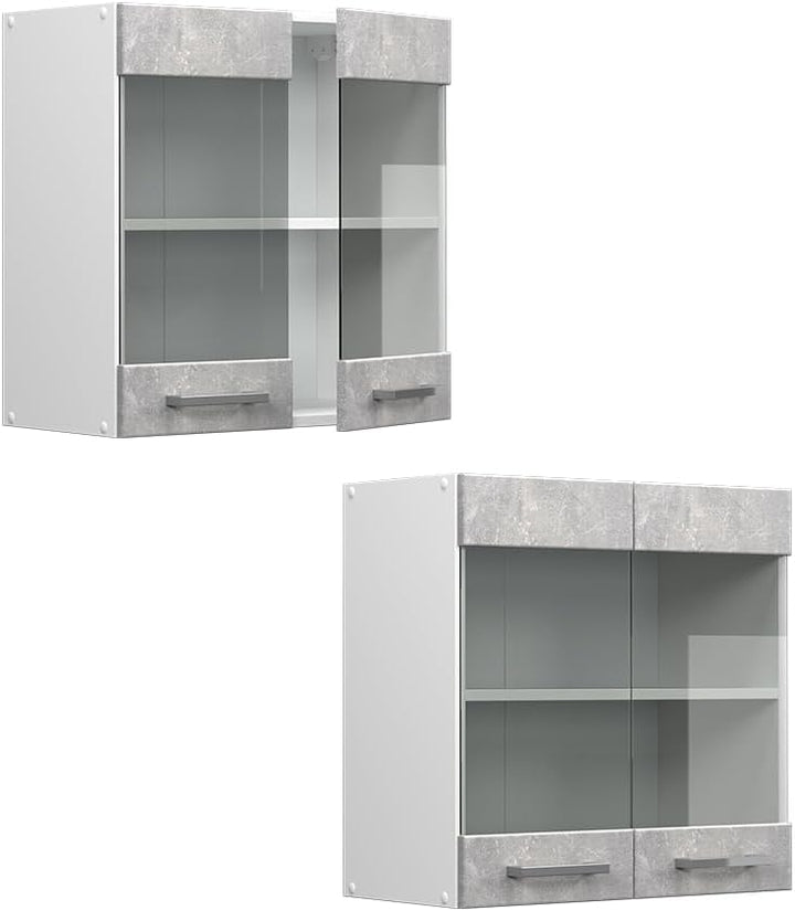 Vicco Küchenschrank Glas R-Line, Beton/Weiss, 60 cm Beton Hängeglasschrank 60cm, Beton Hängeglasschr