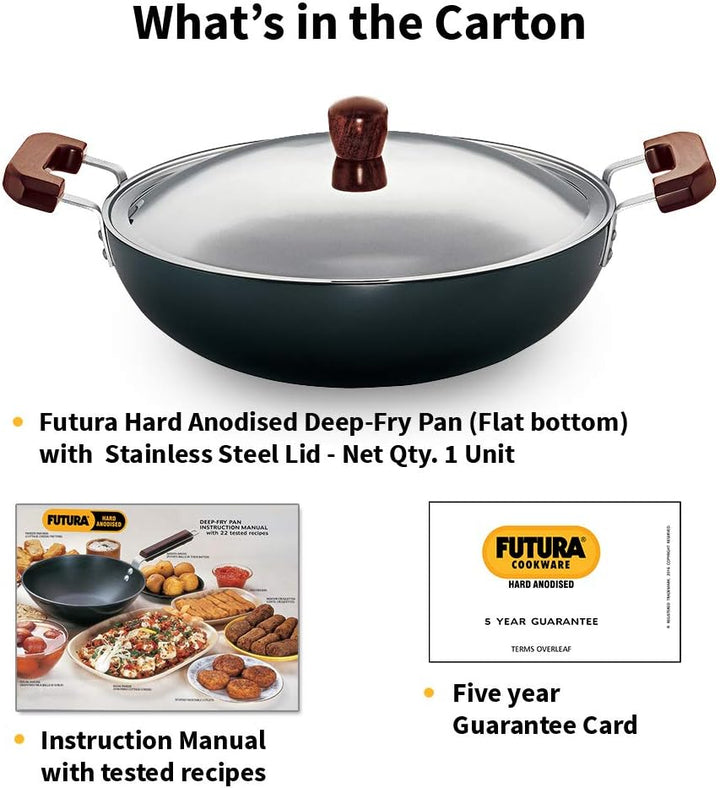 Futura Hard eloxiert deep-fry Pan (Kadhai) mit Stahl Deckel und flacher Boden 7.5L, 7.5L