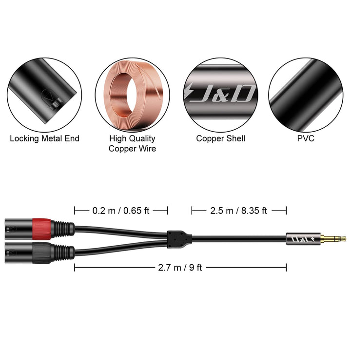 J&D 3,5mm 1/8 Zoll auf Dual-XLR Y Splitter Kabel, PVC Geschält 2x XLR Männlich zu 3,5mm TRS Männlich
