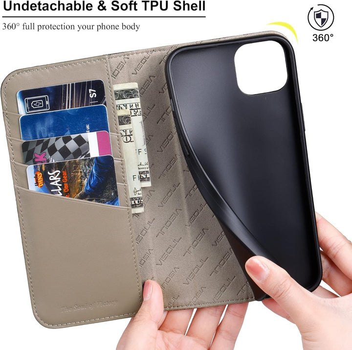 VISOUL iPhone 14 Plus Hülle, Handyhülle [100% Carbon Leder] [RFID Schutz] [Schützt vor Stoss] [Stand