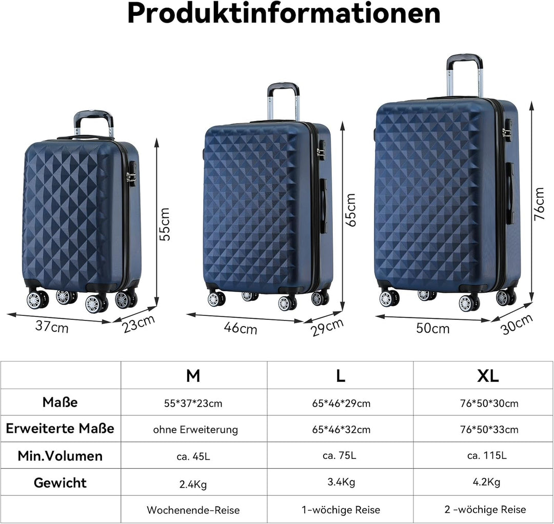 BEIBYE Zwillingsrollen 2066 Hartschale Trolley Koffer Reisekoffer Gepäck M-L-XL-Set (Dunkelblau, L),