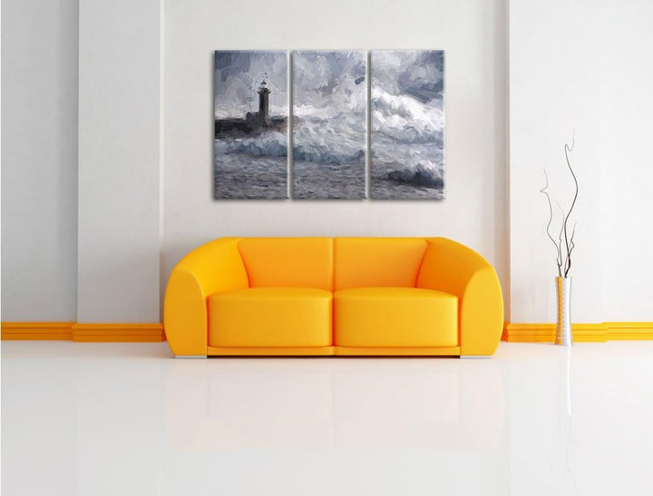 Pixxprint Sturmwellen Leuchtturm Portugal als Leinwandbild/Grösse: 3 Teilig (120x80 cm) cm/Wandbild/