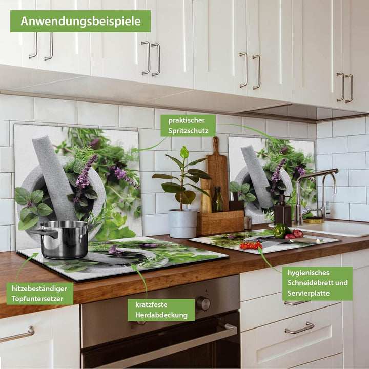 banjado® Herdabdeckplatte Glas 1-teilig 60x52 cm/Schneidebrett Herdabdeckung mit Motiv Kräuter/Herda