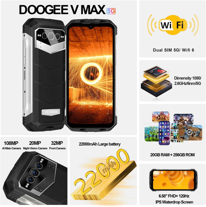 DOOGEE VMAX 5G Outdoor Handy ohne Vertrag, 20GB+256GB Dimensity 1080, 22000mAh Grosser Akku, 108MP K