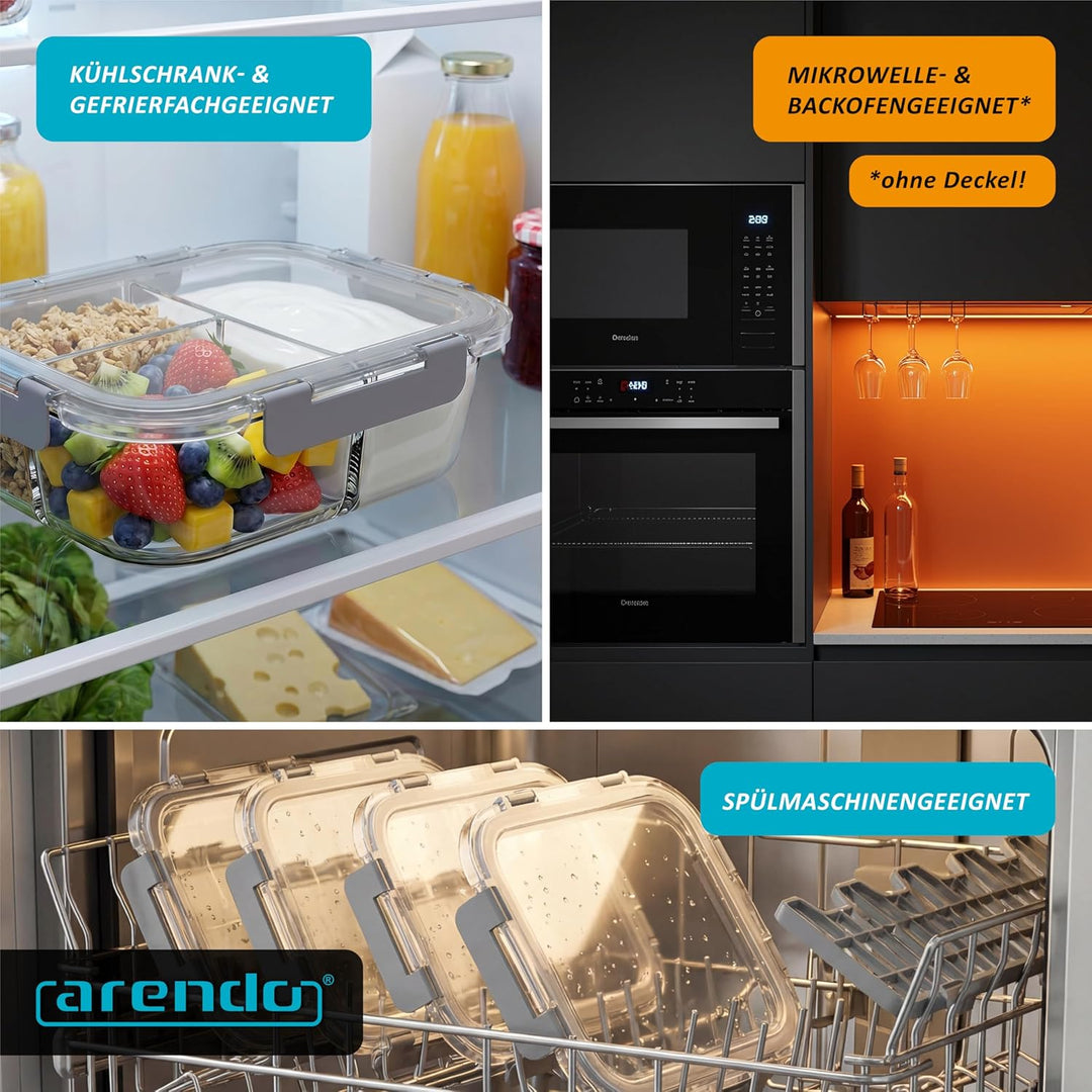 Arendo - Glas Frischhaltedosen Vorratsdosen für Lebensmittel mit Deckel luftdicht - 2 Fächer - 2er S