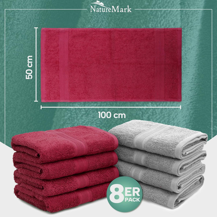 NatureMark NM-HT0842 Frottier Handtücher, 8-er Pack, 50 x 100 cm, 100% Baumwolle (Silber/Bordeaux),