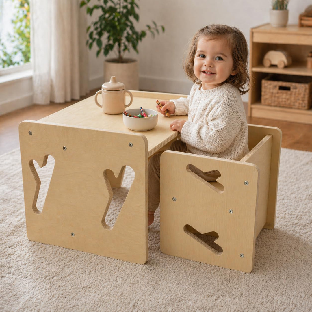 Montessori Abstilltisch und Stuhl aus Massivholz - Tisch- und Stuhlset für Kleinkinder, Montessori M