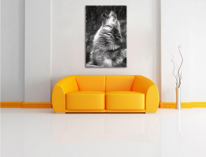 Pixxprint heulende Wölfe Kohle Effekt, Format: 100x70 auf Leinwand, XXL Bilder fertig gerahmt auf Ho