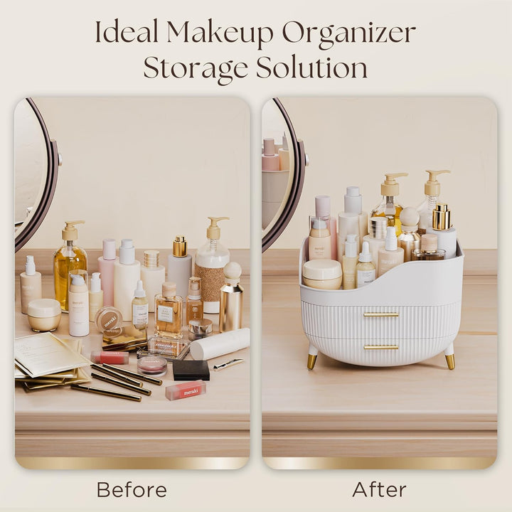 Make Up Organizer mit 2 Schubladen, Grosse Anti-Rutsch Schminktisch Organizer, Kosmetik Organizer, I