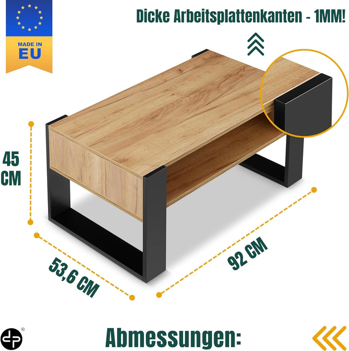 defiPad® Grosser Couchtisch mit Stauraum | Modern Wohnzimmertisch Eiche | 92CM Breite Kaffeetisch |