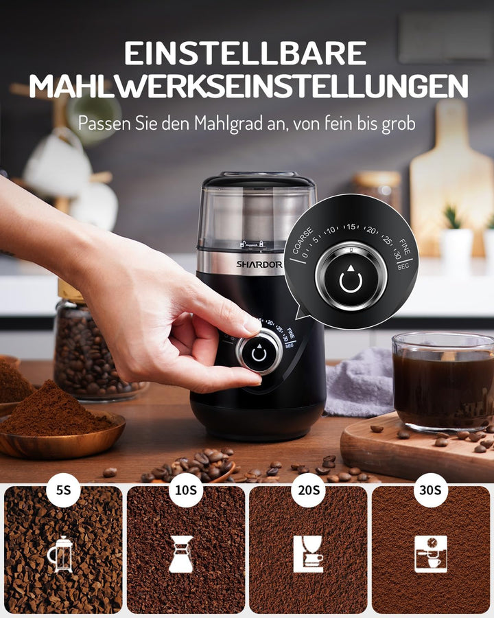 SHARDOR KaffeemüHle Mit 2 Edelstahltassen GewüRzmüHle, Automatischer Timer, GeräUscharmes Mahlen, Ka