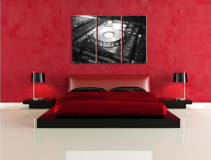 Pixxprint Grün beleuchteter DJ Pult Kohle Zeichnung Effekt 3-Teiler Leinwandbild 120x80 Bild auf Lei