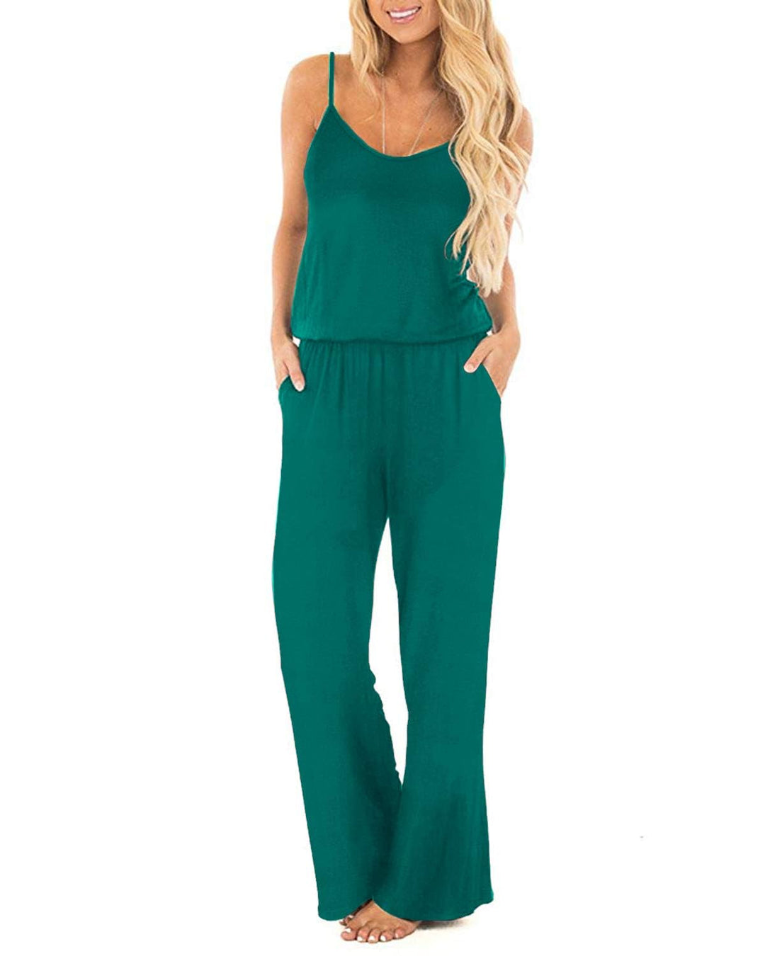 OUGES Damen Sommer Ärmellos Jumpsuit Overall Lang Hosenanzug Casual Playsuit Romper mit Taschen S Gr