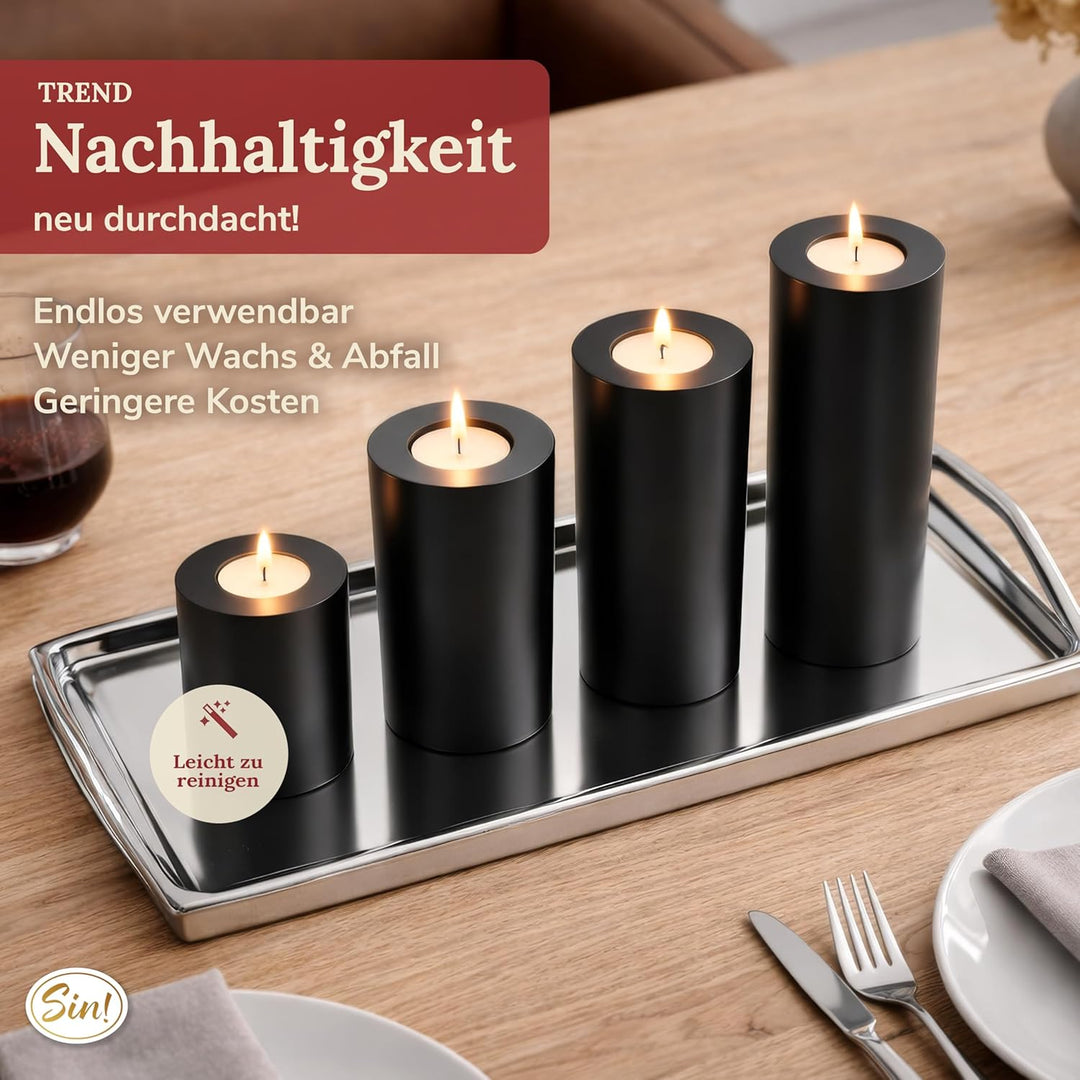 Sin!® 1x Teelichthalter & Dauerkerze Trend SCHWARZ ∅ 8cm Höhe 15cm - Die Kerze die Nicht schmilzt! K