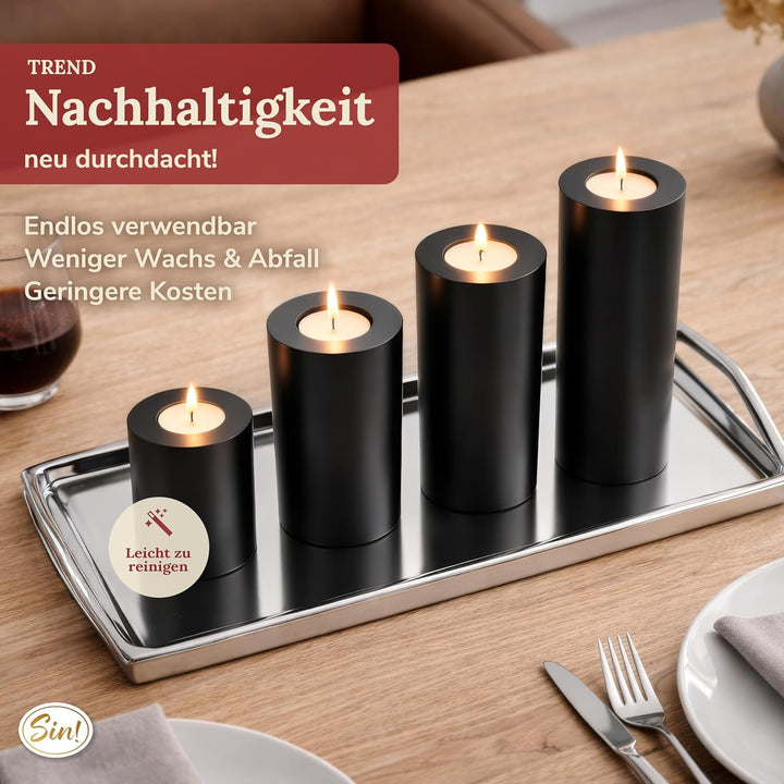 Sin!® 1x Teelichthalter & Dauerkerze Trend SCHWARZ ∅ 8cm Höhe 15cm - Die Kerze die Nicht schmilzt! K