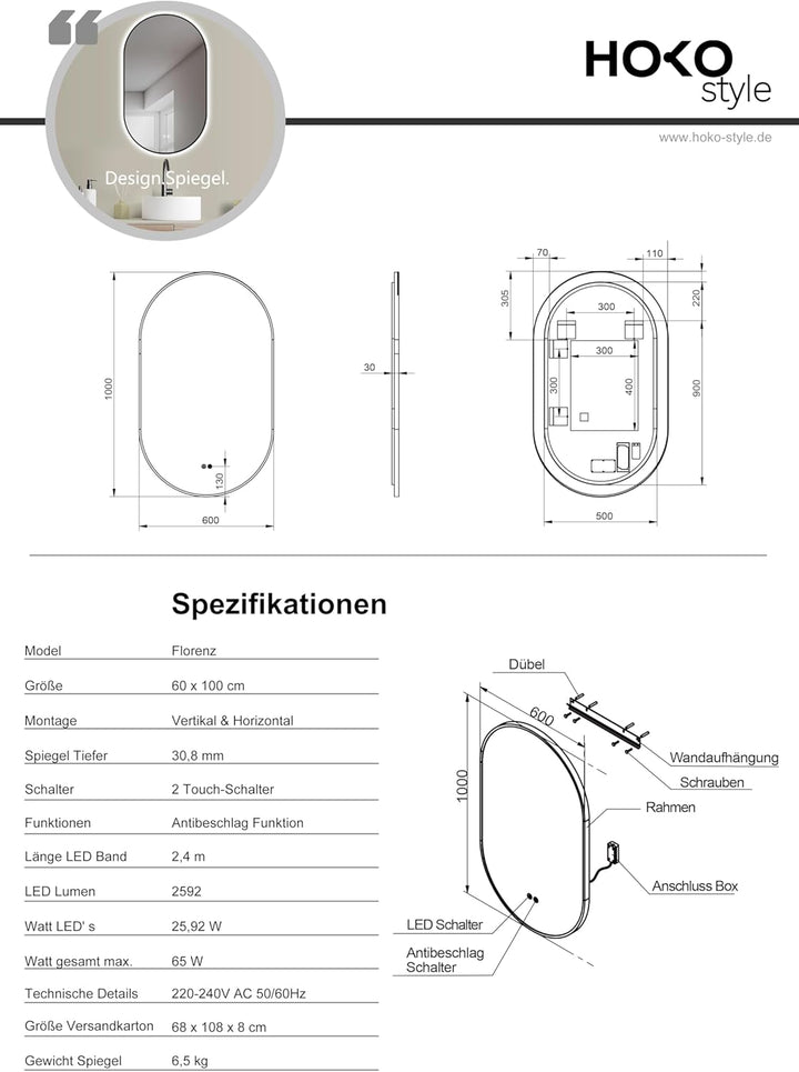 HOKO® Design LED Spiegel Beschlagfrei oval 60x100 cm / 100x60 cm Florenz+ Metall Rahmen Schwarz. HOC