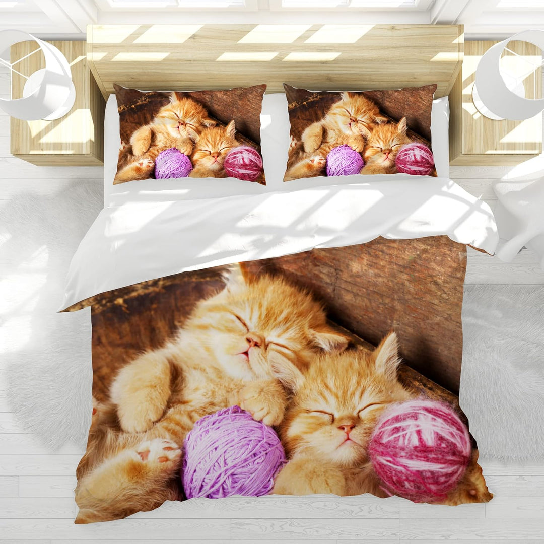 Katze Bettwäsche Set 135 x 200 cm, Tiermotiv, Kinderbettwäsche, Cat Muster Bettbezug 3D Haustier Kat