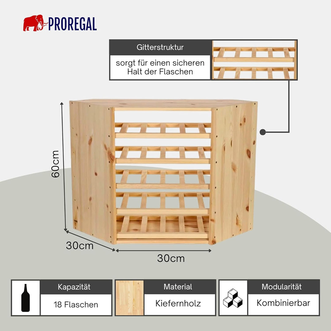 PROREGAL Modulares Weinregal VINCELLAR MOD | HxBxT 60x30x30cm | Eckmodul für 18 Flaschen | Massives