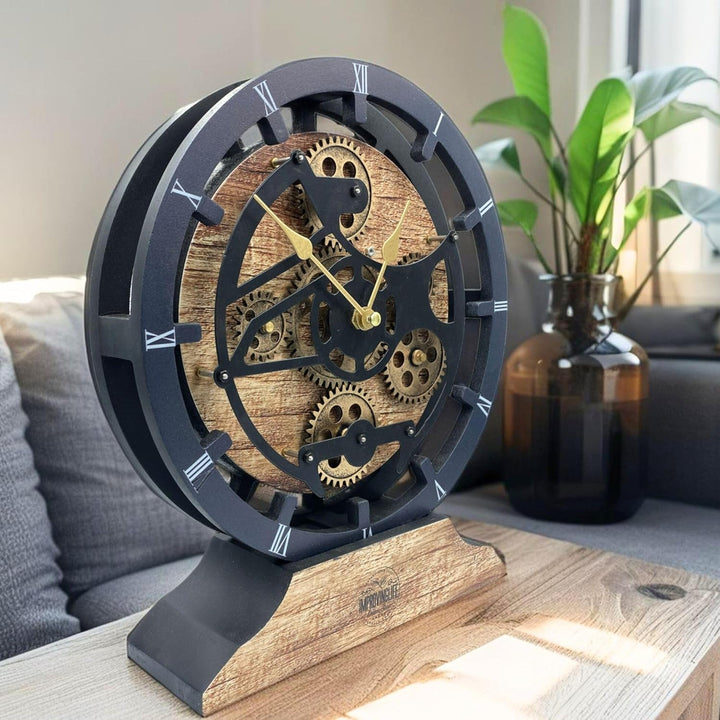 Tischuhr 25,4 cm mit echten beweglichen Zahnrädern, umwandelbar in Wanduhr (Vintage Brown)