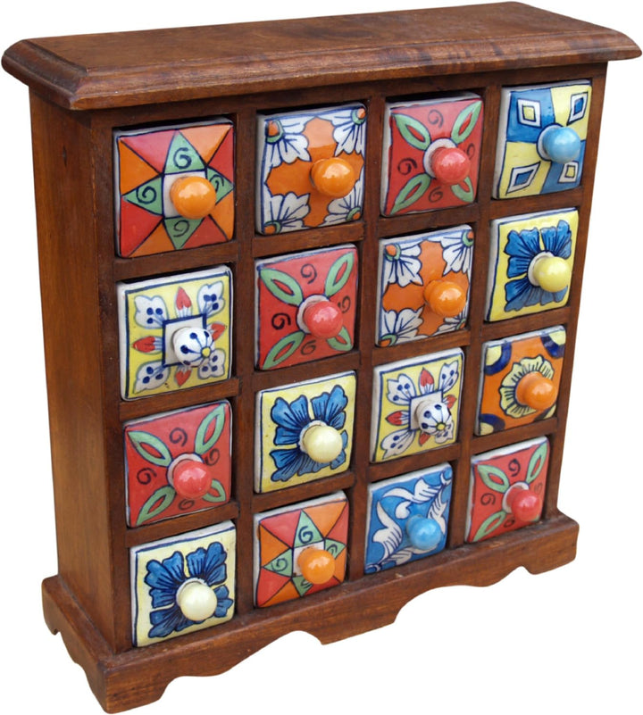GURU SHOP Apothekerschränkchen mit Bunten Keramik Schubfächern - 4x4 Fächer, Braun, 32x32x10 cm, Dos