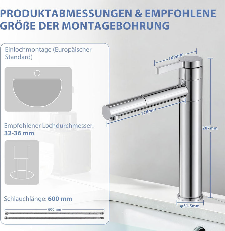 HOMELODY Waschtischarmatur Hoch mit 360°drehbarer Auslauf &amp; Körper - Edelstahl Wasserhahn Bad mit 21