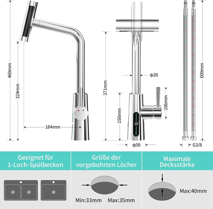 KAIYING Wasserhahn Küche Ausziehbar mit Temperaturanzeige (Batterielos), Hochdruck Wasserfall Küchen