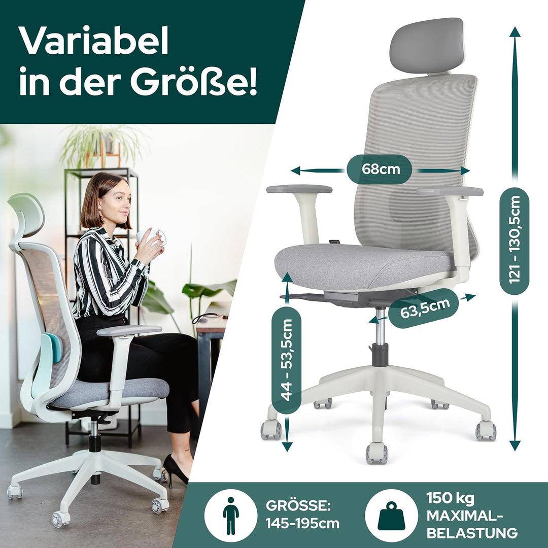 SCHEKKA® Ergonomischer Bürostuhl [verstellbare Lordosenstütze] 3D-Armlehnen | Kopfstütze | Atmungsak